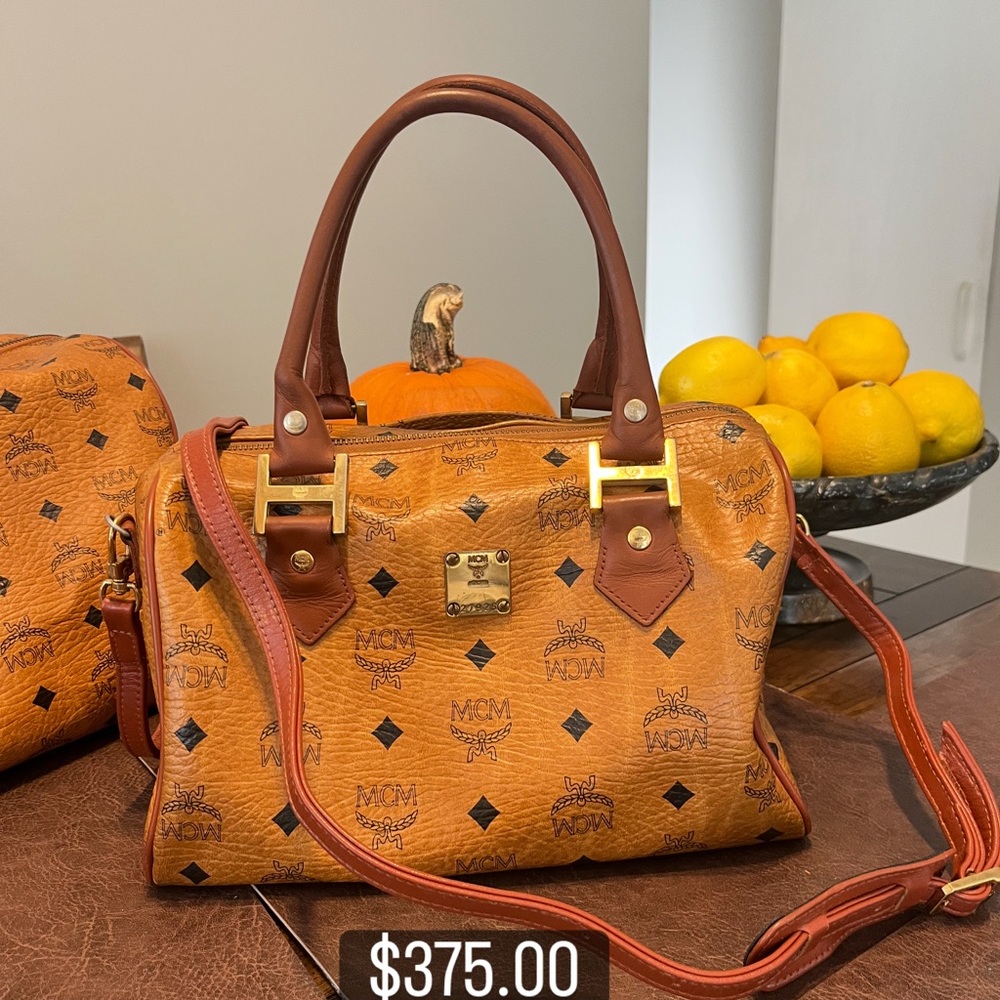 MCM Vesitos Mini Boston Cognac Satchel with Gold Hardware
